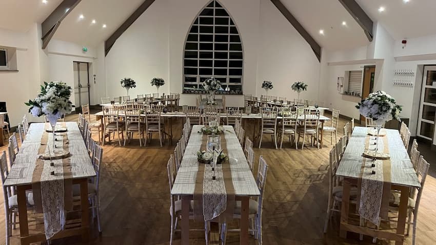 Event with Limewashed Chiavari Chairs and Distressed Tables - BE Event Furniture Hire